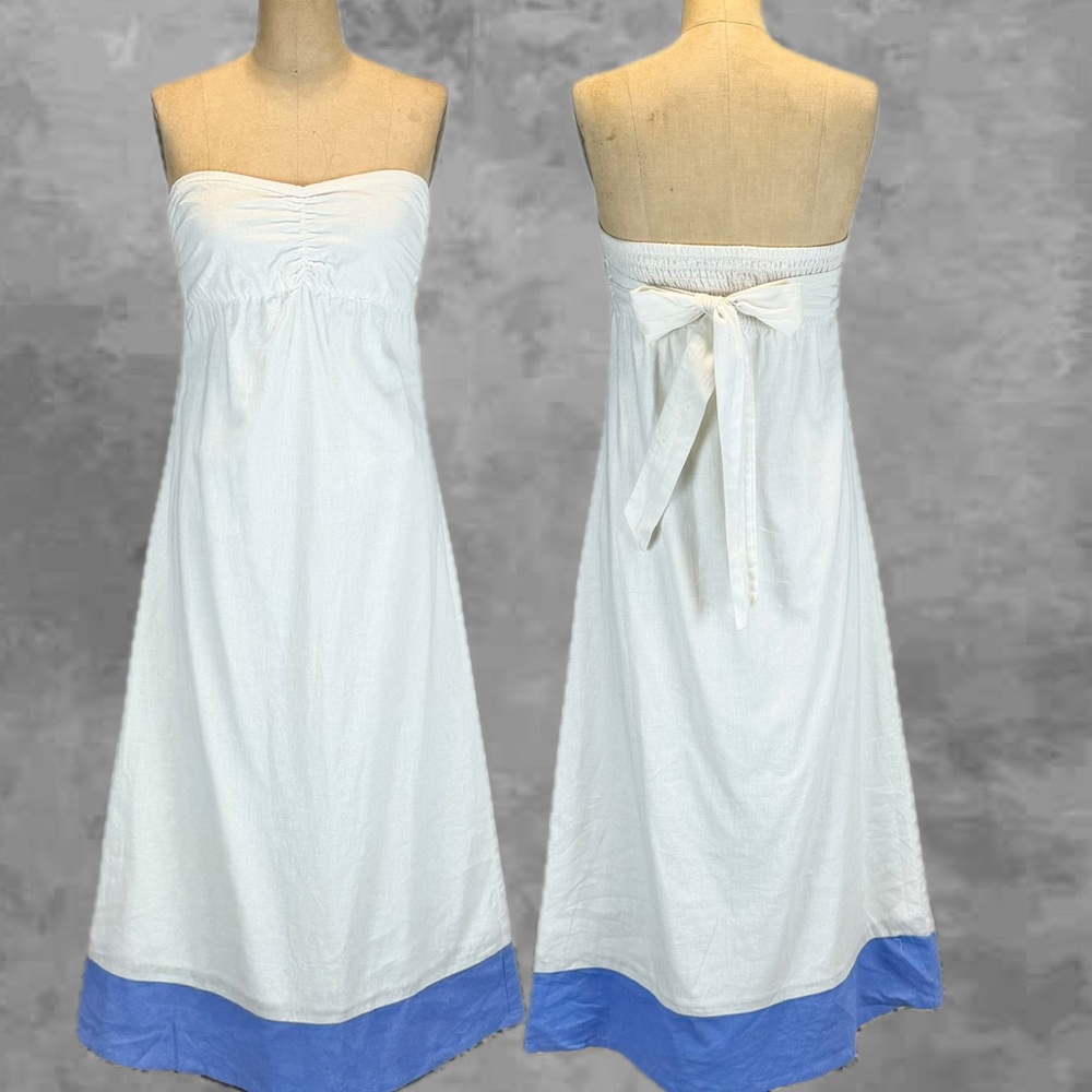 VINTAGE Tommy Bahama linen cotton strapless dress long maxi smocked bow waist